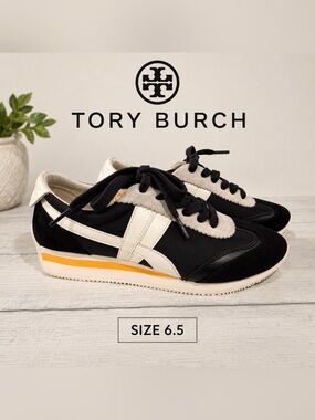 Tory Burch Hank retro runner black, white & yellow designer Sneakers /size 6.5